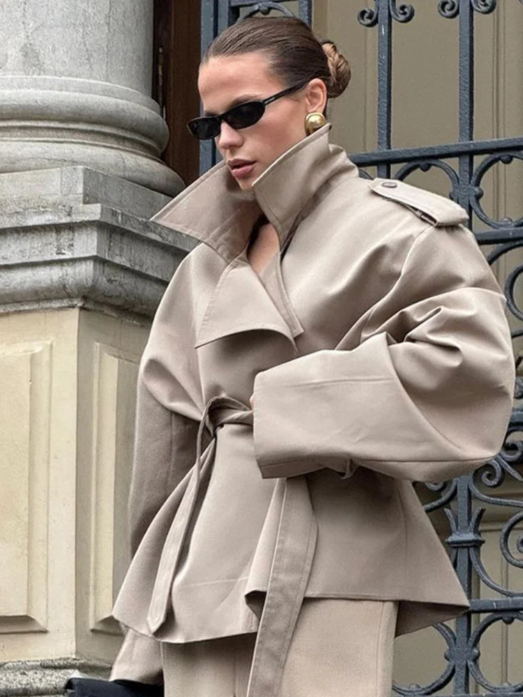 Belted Waist Cropped Trench Coat for Women - Double Breasted Stand Collar Autumn Elegant Vintage Jacket