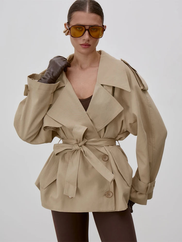 Chic Stand Collar Lace Up Trench Coat Women Long Sleeves Single Breasted Windbreaker 2026 0