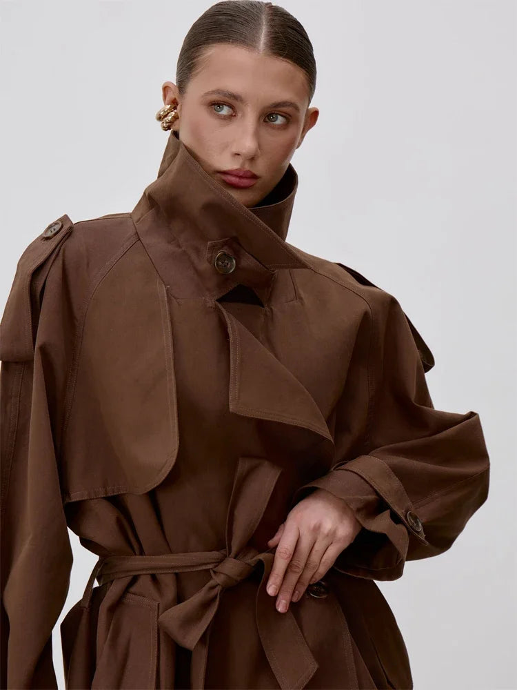 Chic Stand Collar Lace Up Trench Coat Women Long Sleeves Single Breasted Windbreaker 2026 5