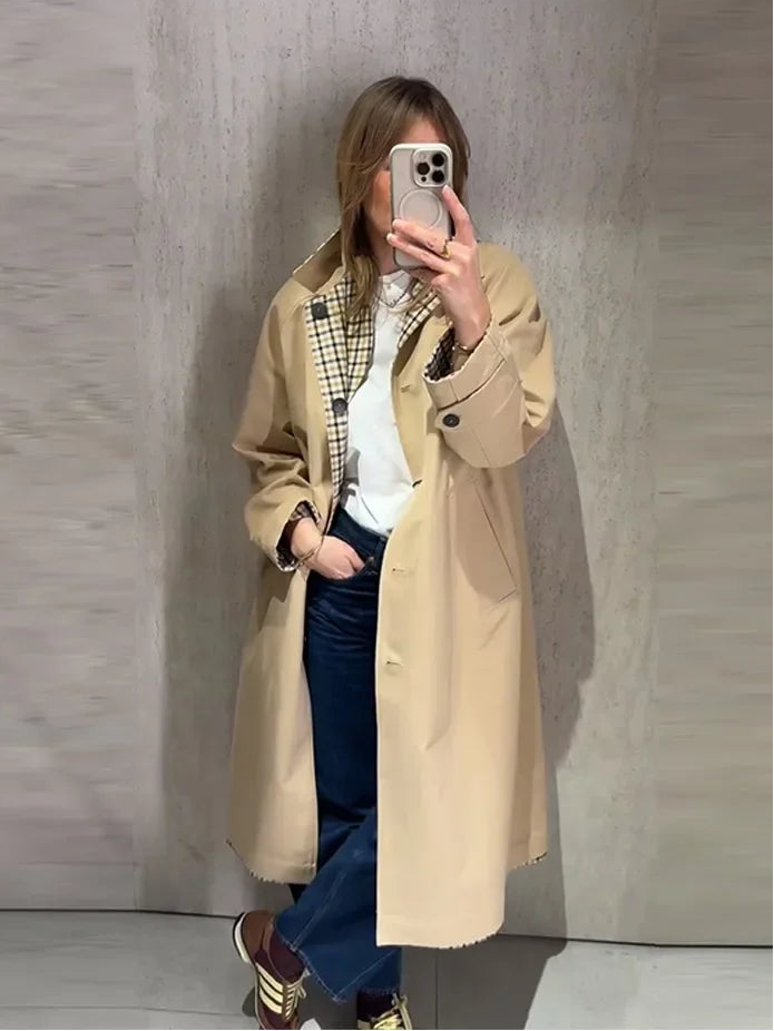 Double-Sided Long Trench Coat Women, Loose Full Sleeves, Single-Breasted, Pockets, Spring Outwear, Stylish Women's Coat 2