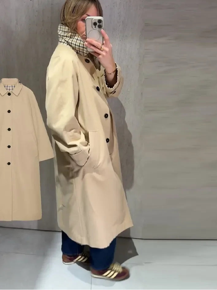 Double-Sided Long Trench Coat Women, Loose Full Sleeves, Single-Breasted, Pockets, Spring Outwear, Stylish Women's Coat 3