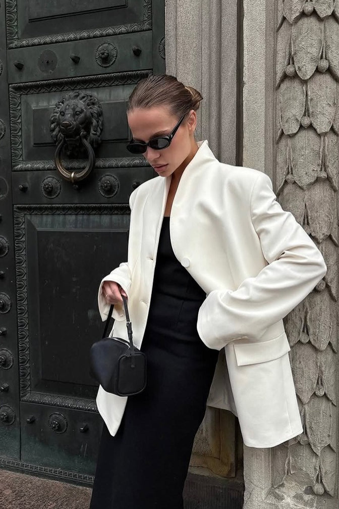 Elegant Stand Collar Slim Blazer for Women - Regular Fit, Long Sleeve, Comfortable Polyester Spandex Blend 1