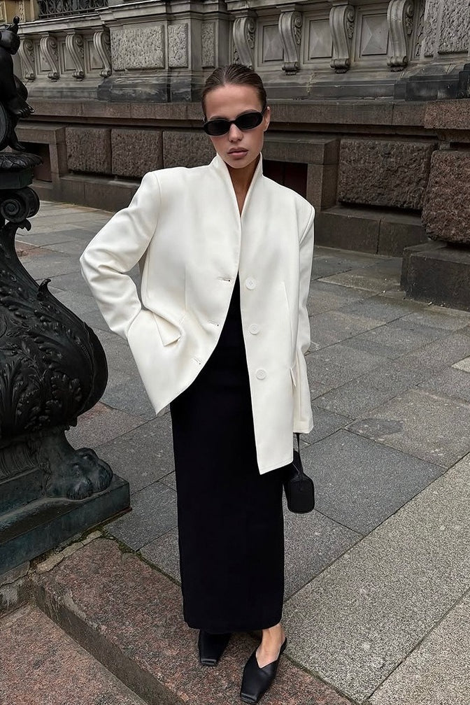 Elegant Stand Collar Slim Blazer for Women - Regular Fit, Long Sleeve, Comfortable Polyester Spandex Blend 2