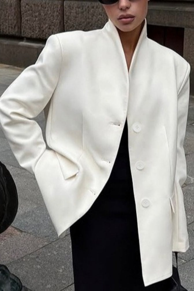 Elegant Stand Collar Slim Blazer for Women - Regular Fit, Long Sleeve, Comfortable Polyester Spandex Blend 3