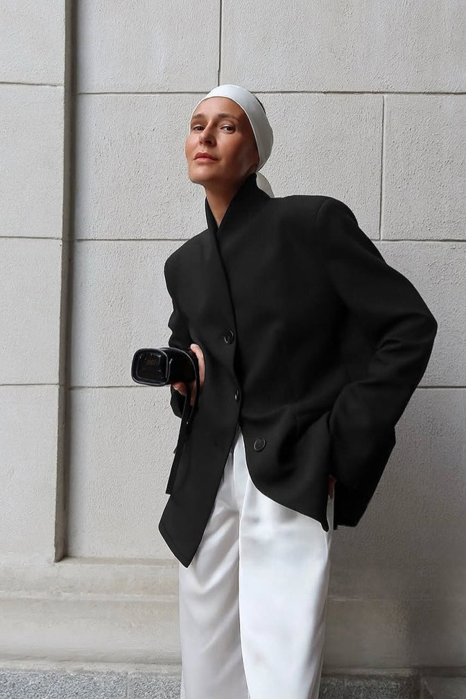 Elegant Stand Collar Slim Blazer for Women - Regular Fit, Long Sleeve, Comfortable Polyester Spandex Blend 4