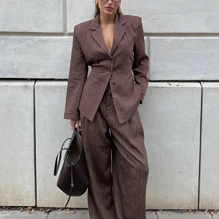 KONDALA Women's Suit - Chic Brown V-Neck Striped Blazer & High Waist Wide Leg Pants - Pant Suits for Women - Fall 2025 Casual Office Wear 2