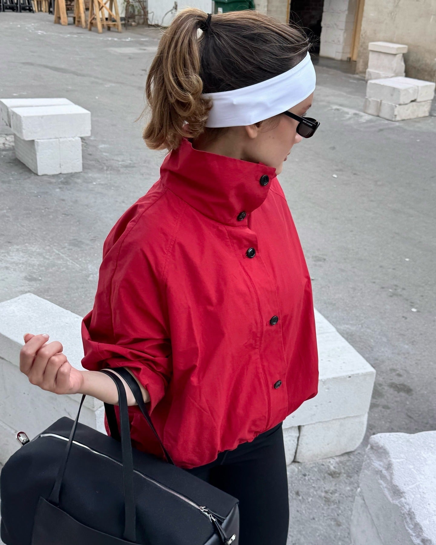 Red High-Neck Puff Bomber Jacket for Women - Stylish and Elegant Design 0