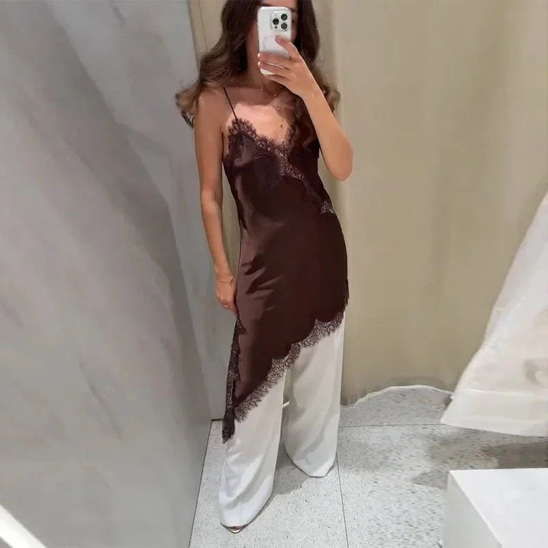 Soera Arah Asymmetric Satin Lace Midi Dress