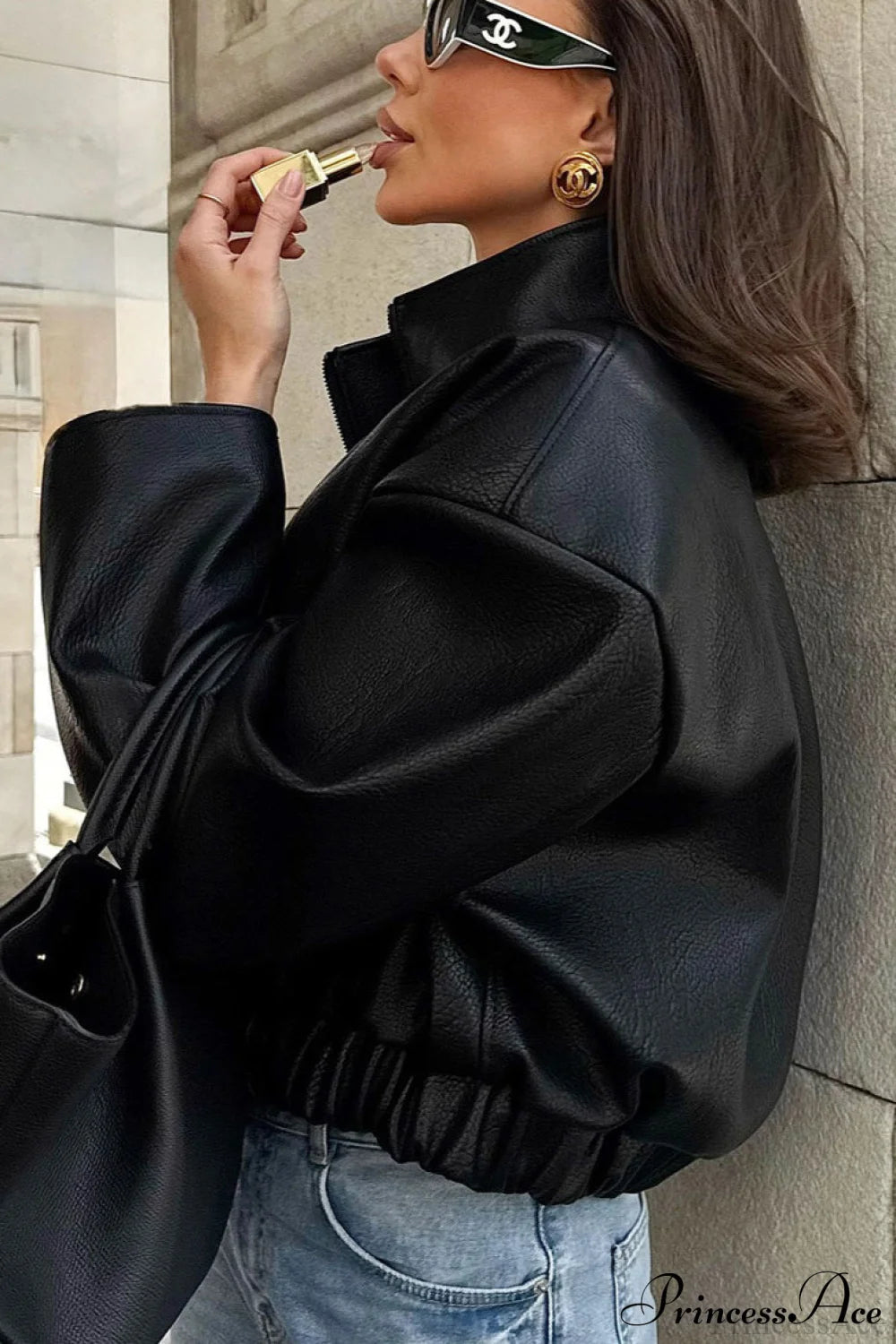 Stylish Black Faux Leather Jacket for Women with Stand Collar and Loose Fit 2