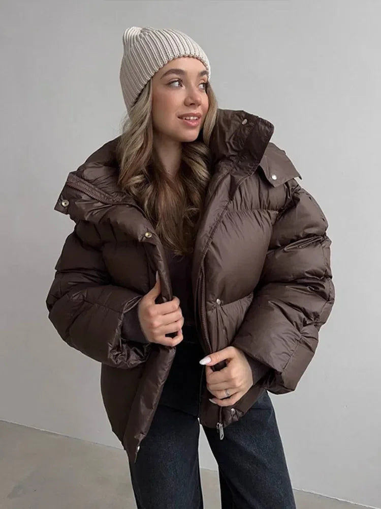 Women's Brown Cropped Puffer Jacket with Detachable Hood - Casual Winter Coat 3