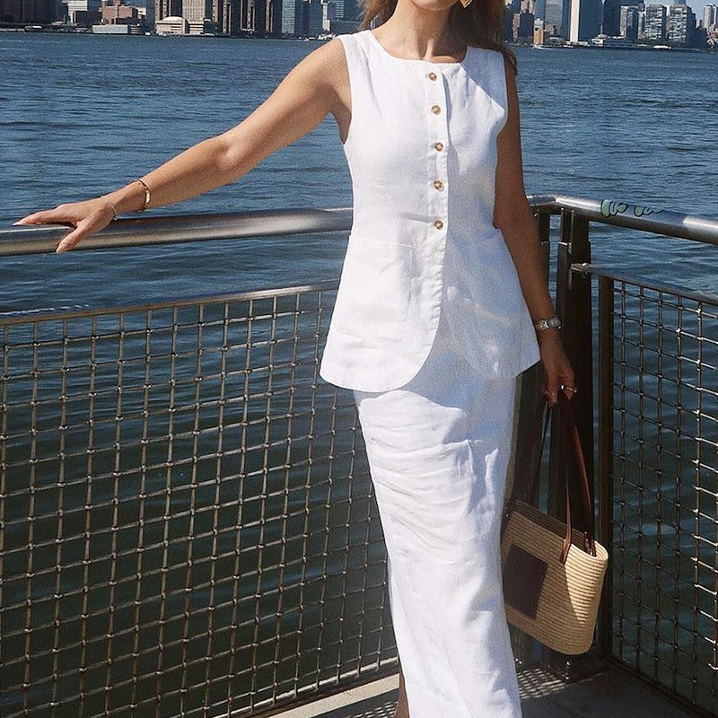 Completo Gilet in Lino Lorelei con Gonna a Vita Alta