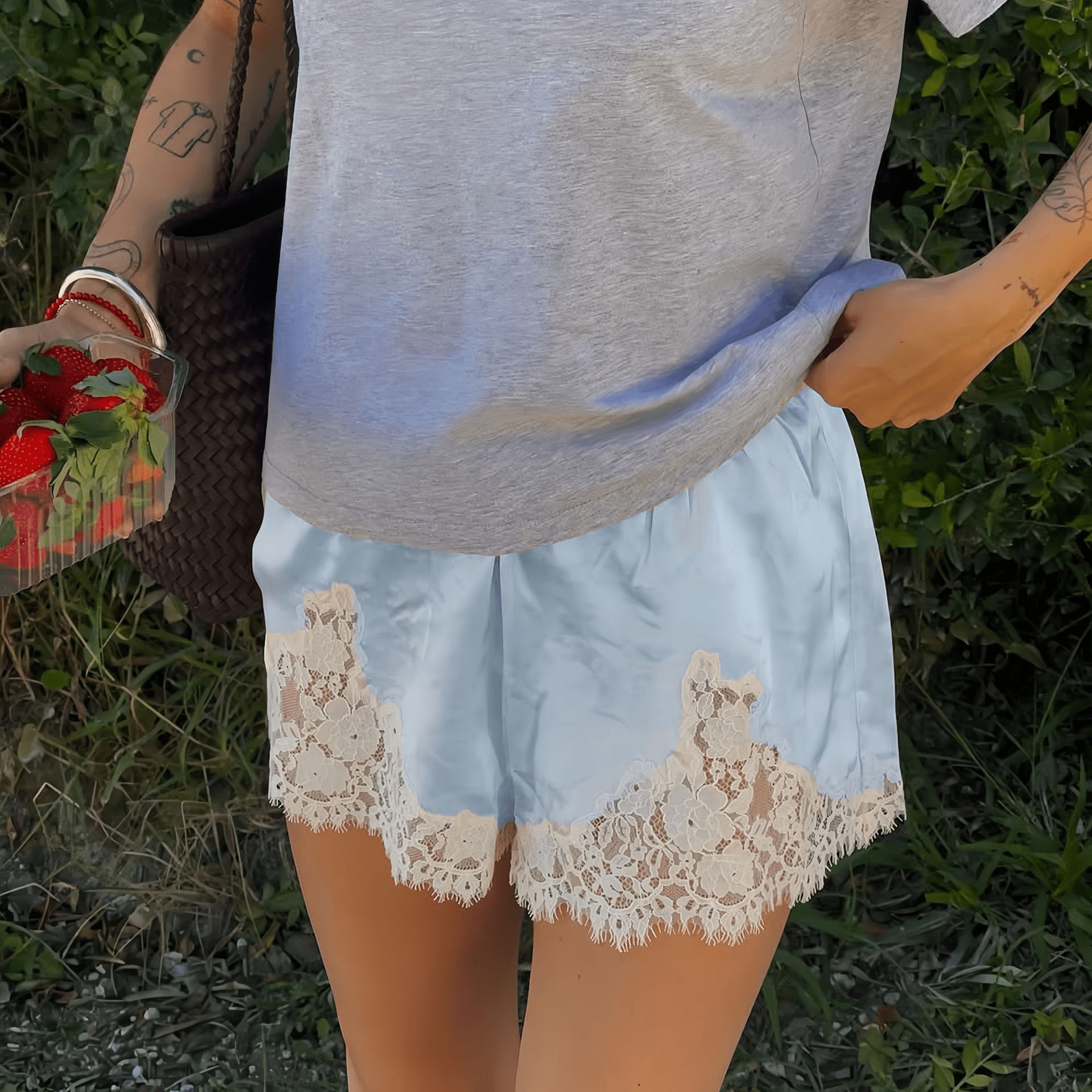 SOERA Dominique Satin Silk Lace Shorts - Bottoms - Light Blue S
