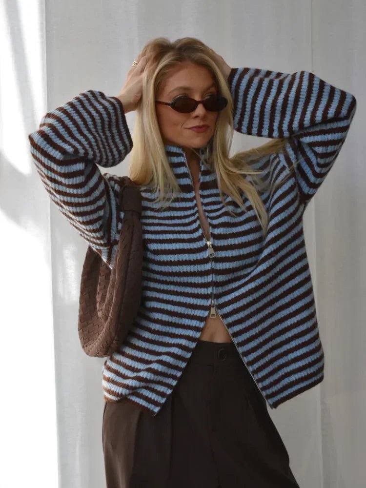 SOERA Angela Striped Mock Neck Knit Cardigan - Cardigan - SOERA-093955-BLU-S-82051 Blue S