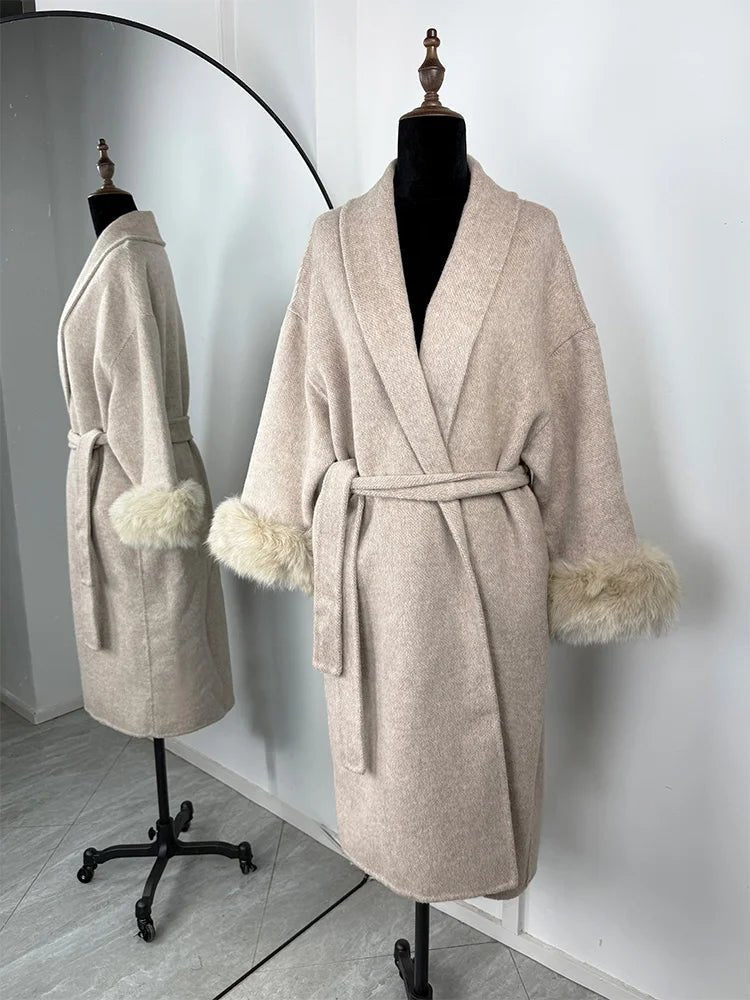 SOERA Wool Wrap Coat with Fox Fur Cuff - Coats & Jackets - 3256809512722732-;qf1766845283309419072 Short Burgundy L