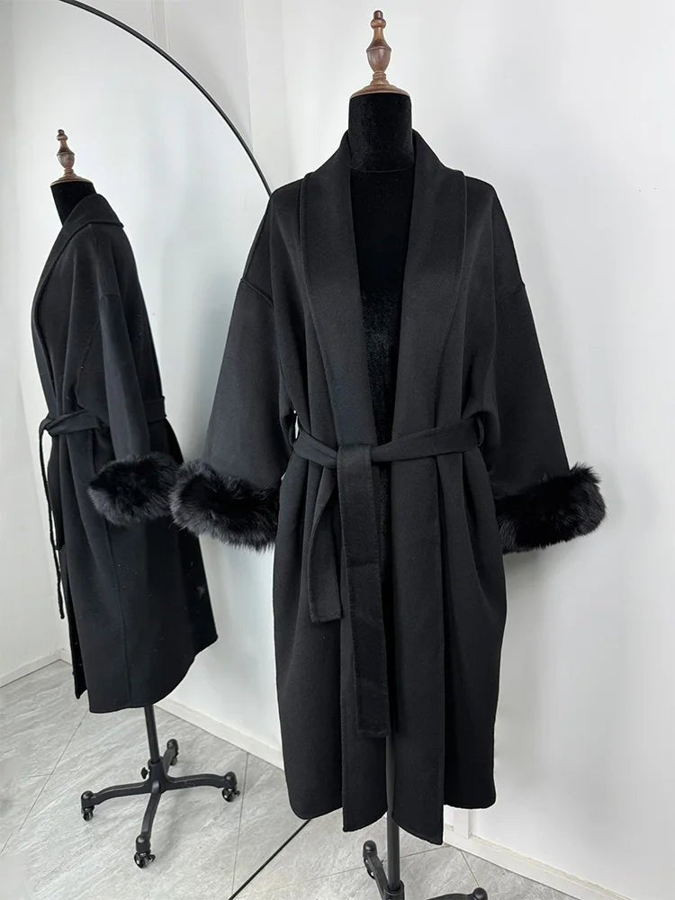 SOERA Wool Wrap Coat with Fox Fur Cuff - Coats & Jackets - 3256809512722732-;qf1766845283309419072 Short Burgundy L