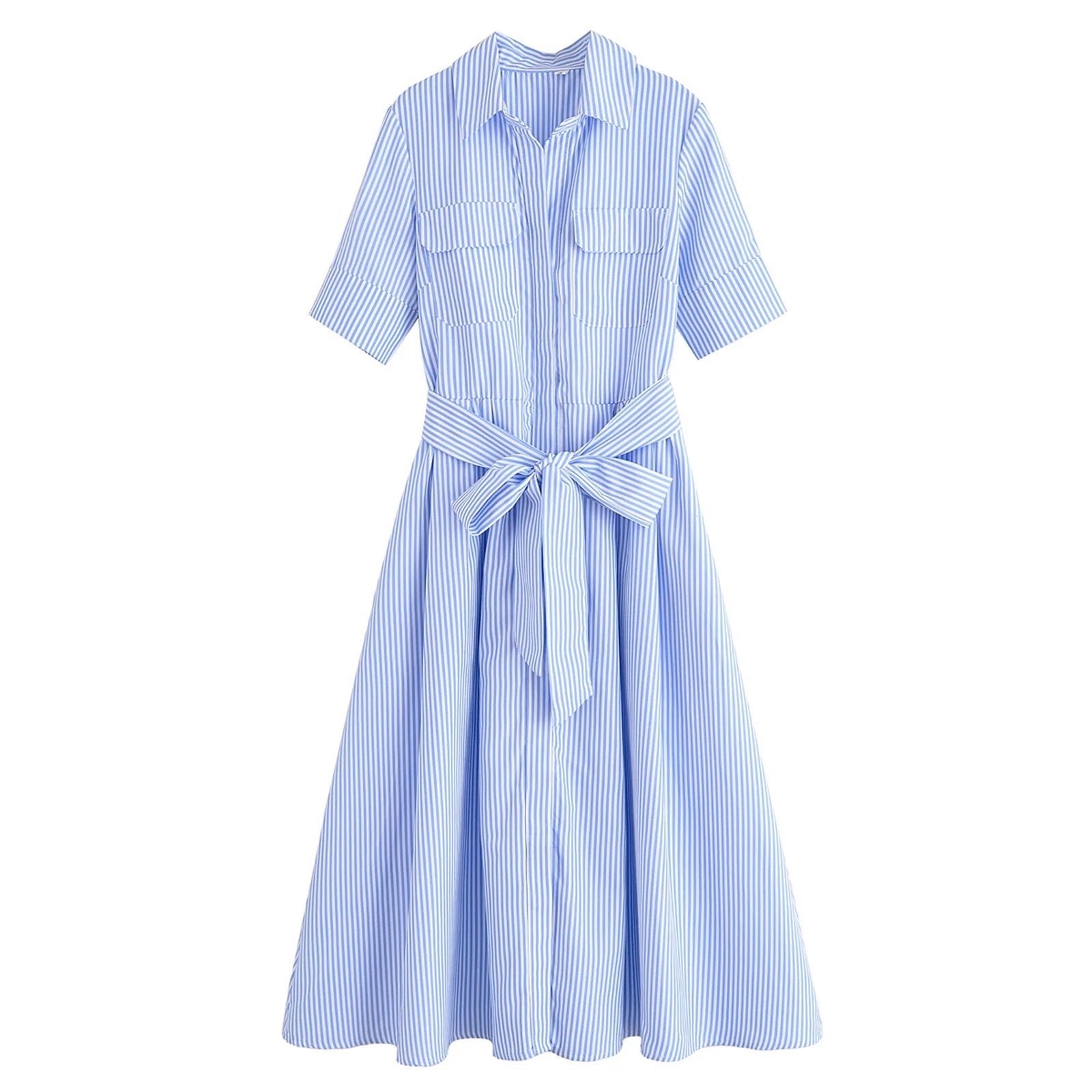 SOERA Ariane Belted Shirt Midi Dress - Dress - Blue Stripes XS
