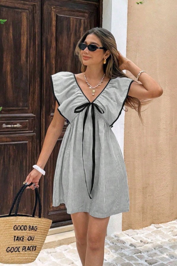 SOERA Beatrice Striped V - Neck Ruffle Mini Dress - Dress - Black S