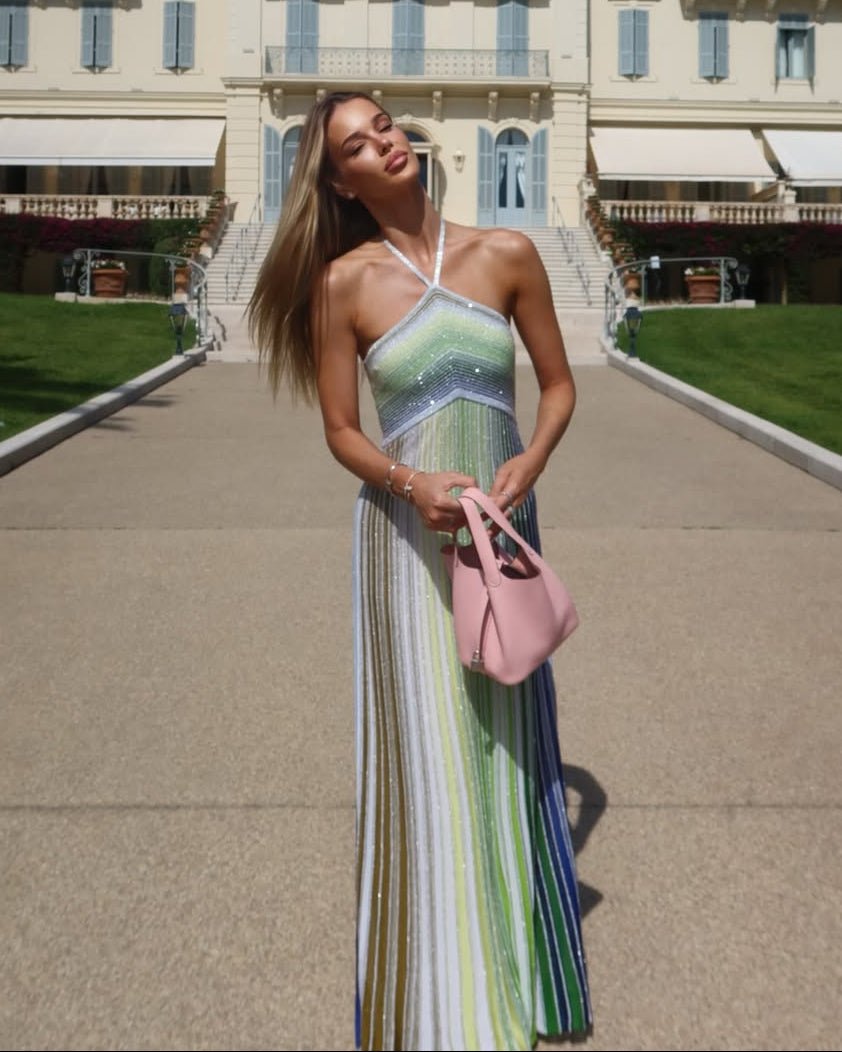 SOERA Bianca Sequin Striped Halter Maxi Dress - Dress - M