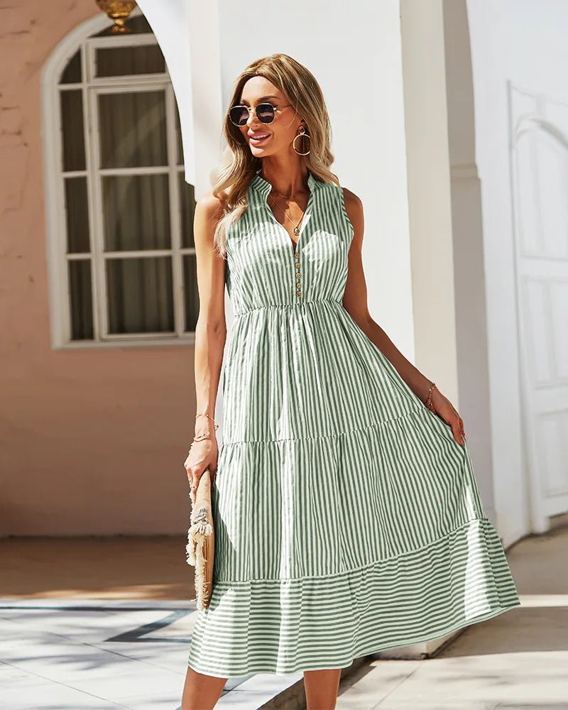 SOERA Bianca Striped V - Neck Sleeveless Shirt Dress - Dress - Olive L