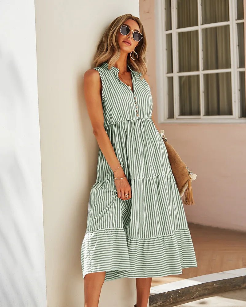 SOERA Bianca Striped V - Neck Sleeveless Shirt Dress - Dress - Olive M