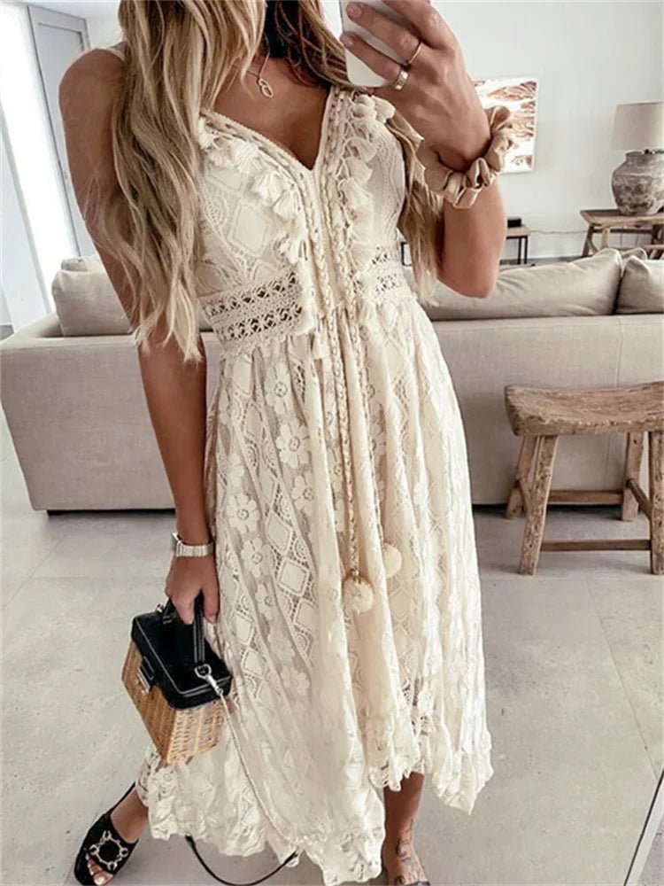 SOERA Esra Sleeveless Lace V - Neck Maxi Dress - Dress - Beige S