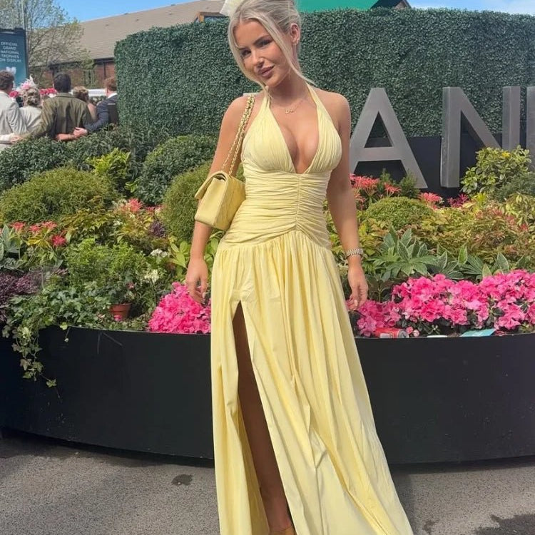 SOERA Helena Deep V Ruched Maxi Dress with Slit - Dress - SOERA-812867-DEF-OS-71331 Yellow XS