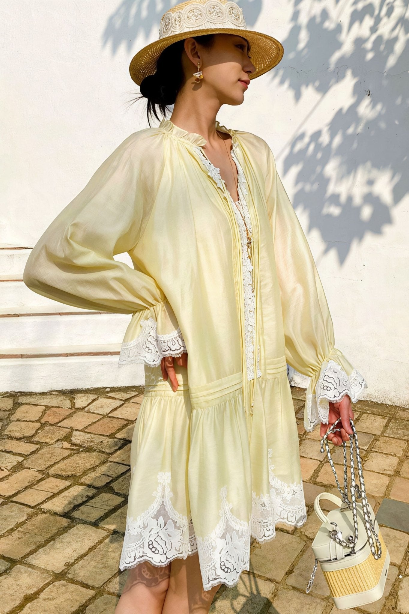 SOERA Imara Linen Lace Patchwork Midi Dress - Dress - Light Yellow M