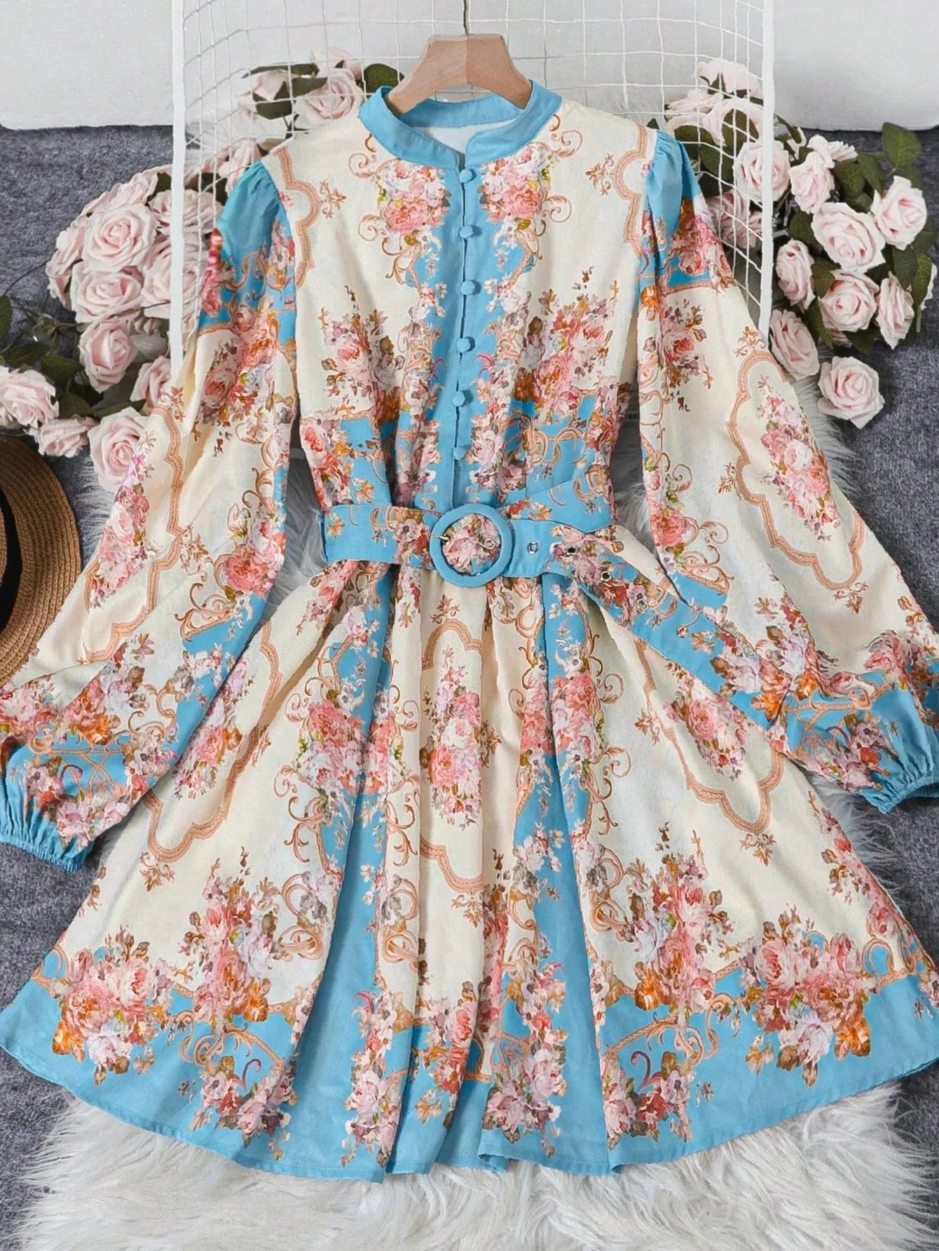 SOERA Petunia Belted Floral Midi Dress - Dress - Blue L
