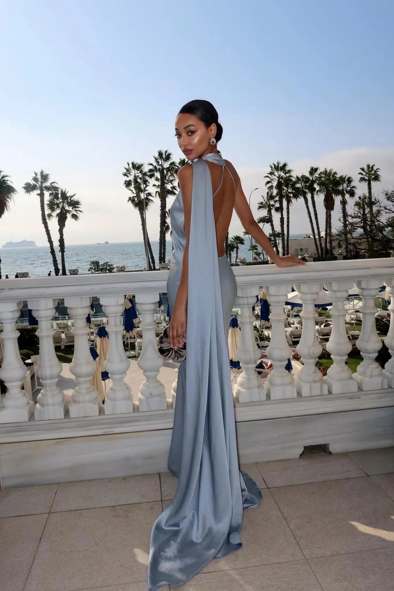 SOERA Raisa Satin Ribbon Backless Evening Gown - Dress - Blue S
