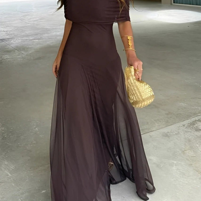 SOERA Sienna Off-Shoulder Ruched Maxi Dress - Dress - SOERA-616515-S-BROWN-71651 Brown S