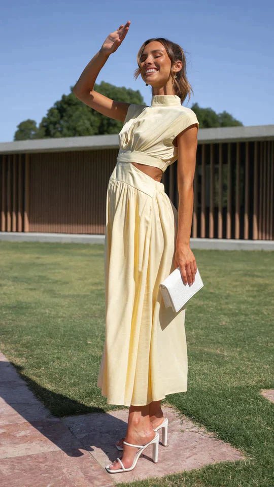 SOERA Valentina High - Neck Midi Dress with Waist Cutouts - Dress - Yellow XS