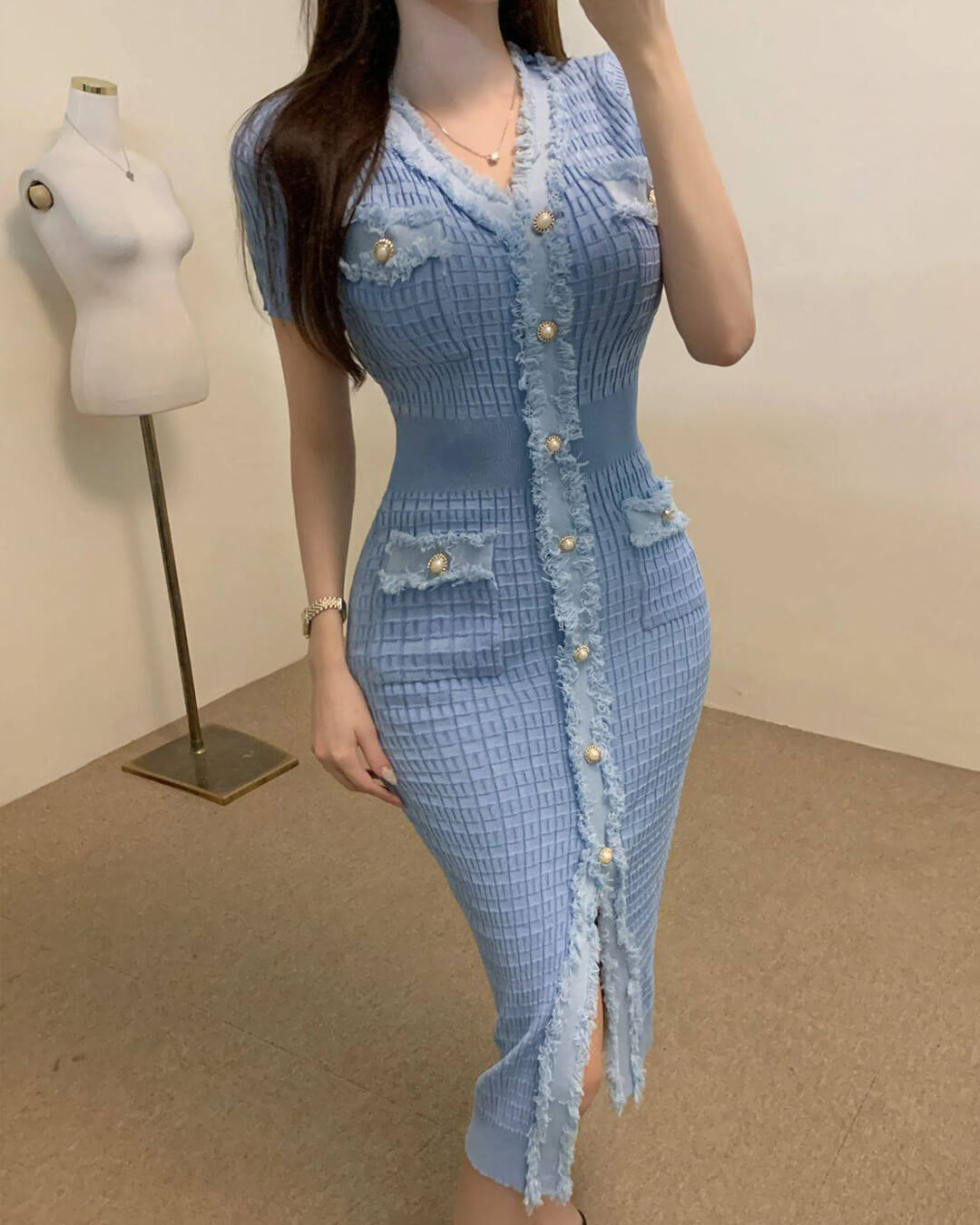 SOERA Valentina V - Neck Knitted Sweater Dress - Dress - Blue