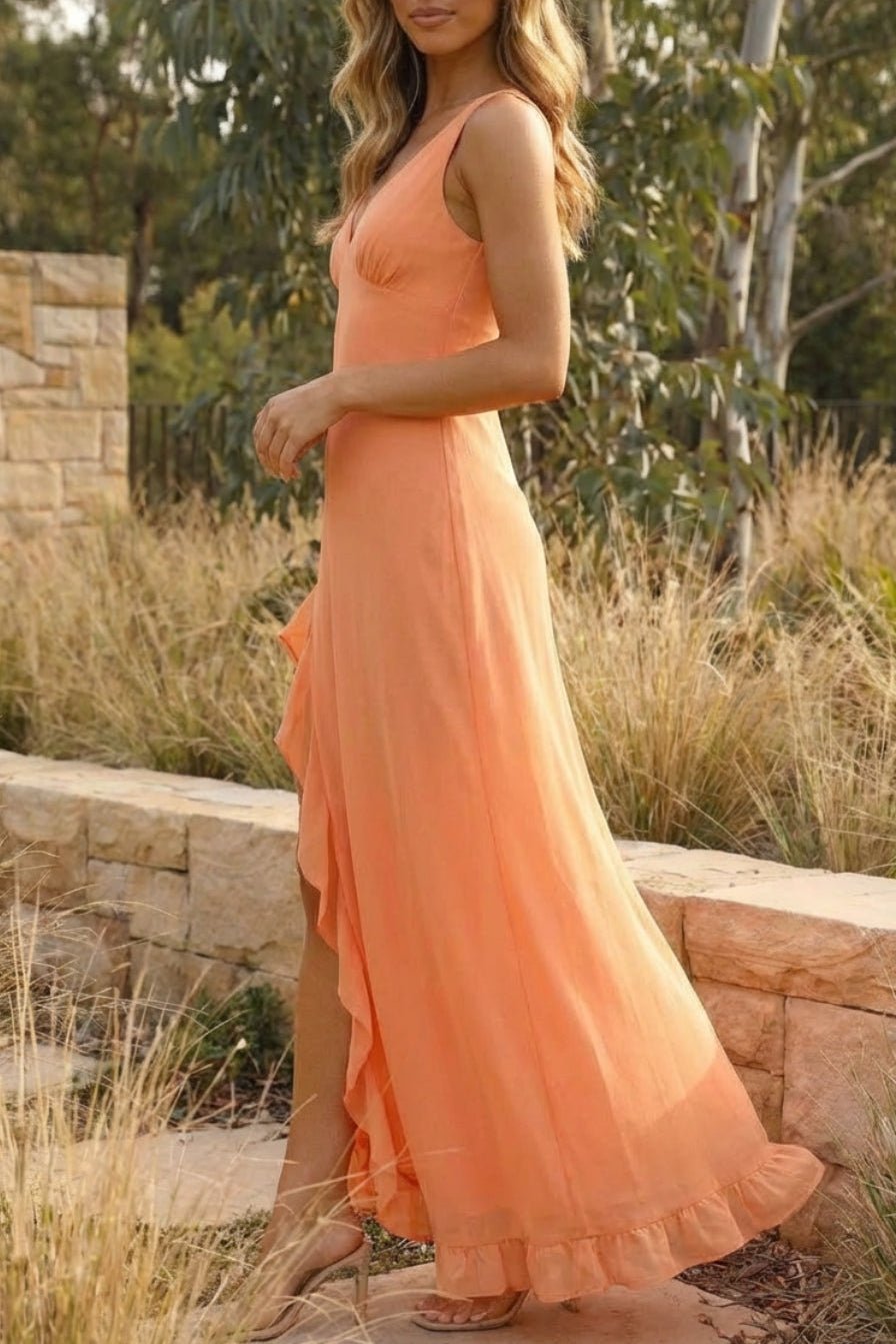 SOERA Amiah Sleeveless Ruffled Slit Maxi Dress - Dresses - gt1776061224041519261 Orange XS