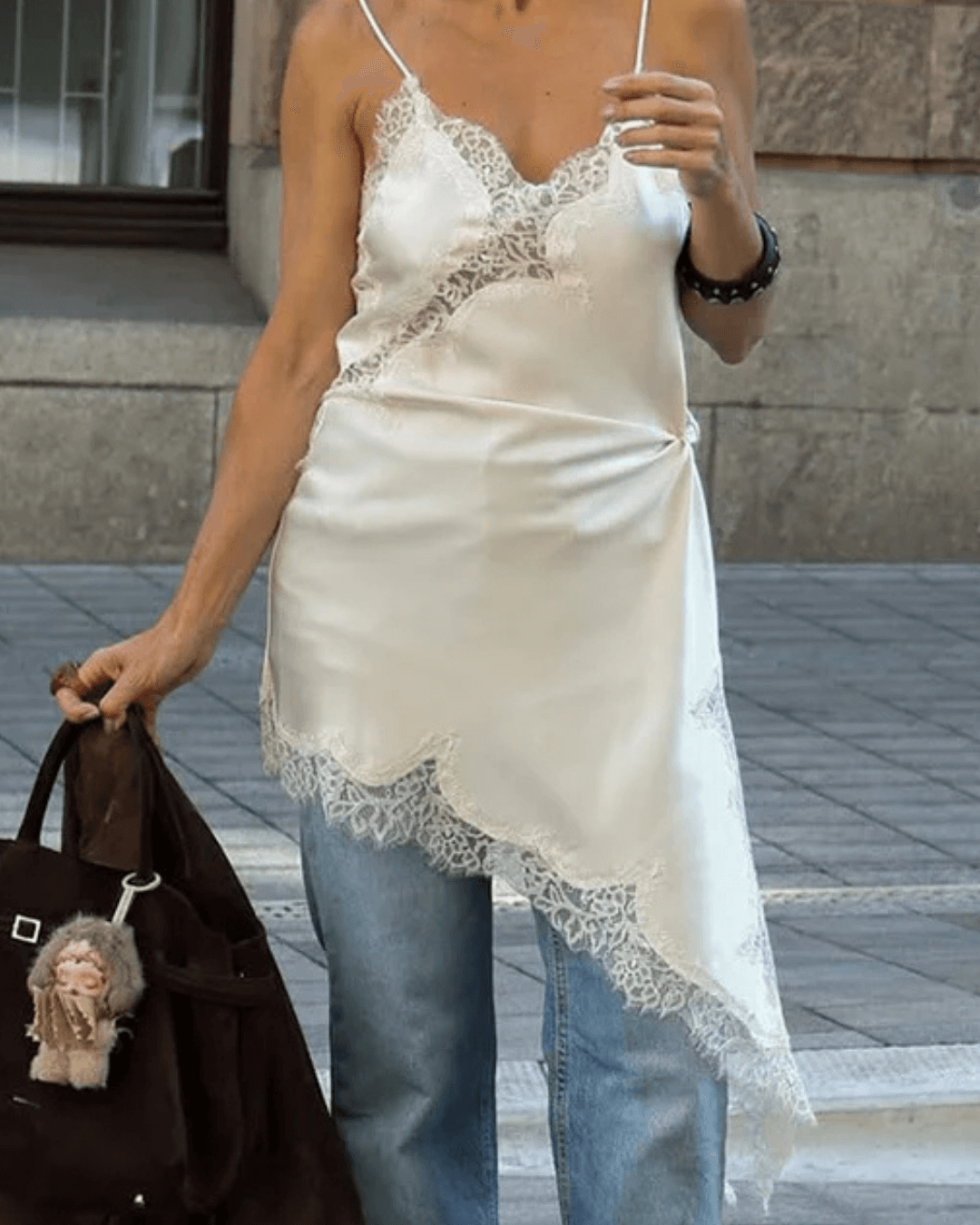 SOERA Arah Asymmetric Satin Lace Midi Dress - Dresses - HK1760544073336688045 White S