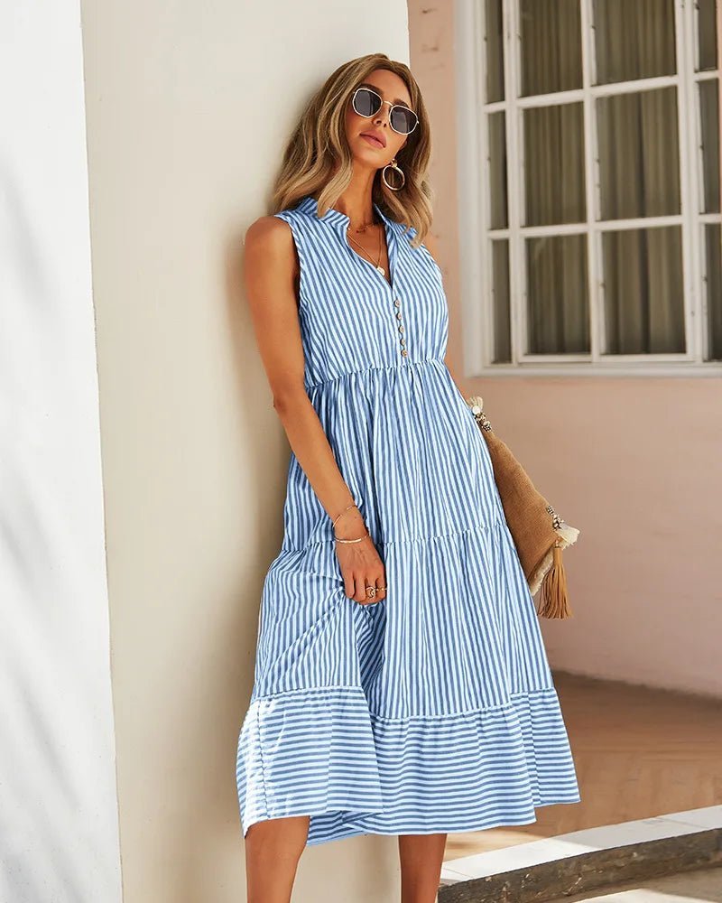 SOERA Bianca Striped V-Neck Sleeveless Shirt Dress - Dresses - Blue S