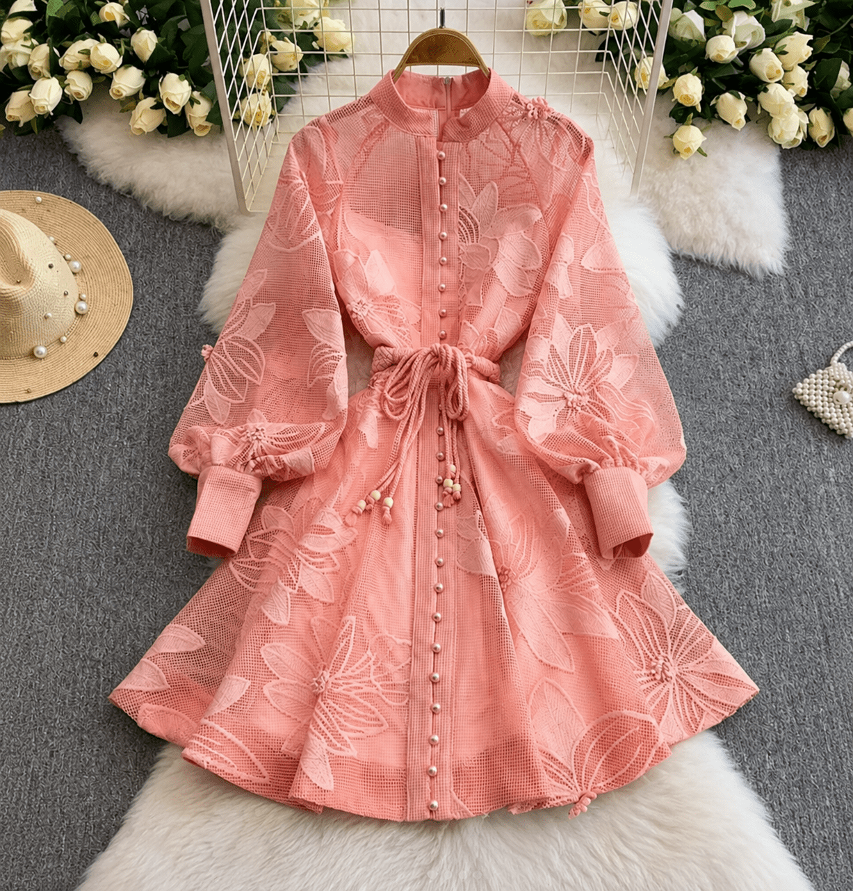 SOERA Hedy Embroidered Lace Belted Dress - Dresses - SOERA-183747-PIN-S-13219 Pink S