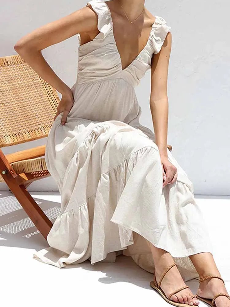 SOERA Tahlia Ruffle Cotton Linen Maxi Dress - Dresses - Beige S