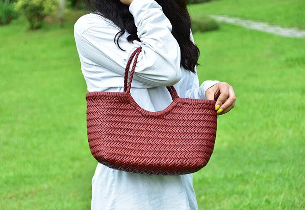 SOERA Beatrice Woven Leather Tote Bag - Handbags - Burgundy Small