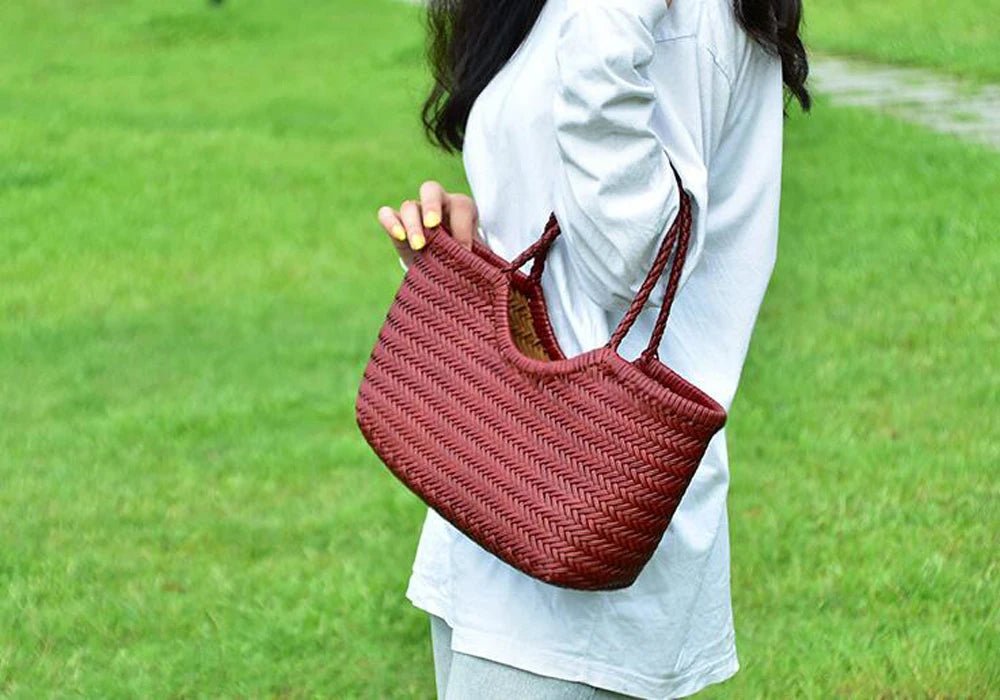 SOERA Beatrice Woven Leather Tote Bag - Handbags - Burgundy Small
