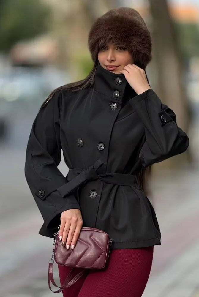 SOERA Kara Stand Collar Belted Crop Trenchcoat - Jackets - 1005009693239722-;nd1771494648622818074 Black XS