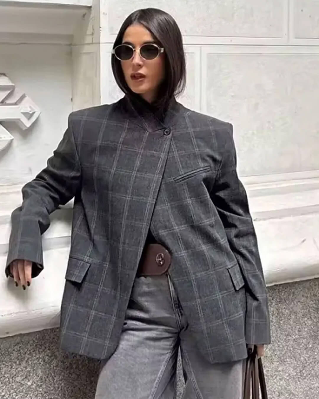 SOERA Sofia Plaid Stand Collar Blazer - Jackets - Grey M