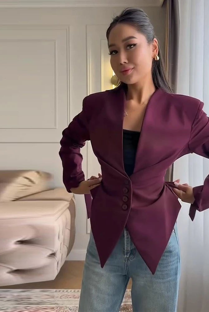SOERA Tricia Structured Shoulder Cinched Blazer - Jackets - 1005011660132024-;lF1772045930021932226 Burgundy S