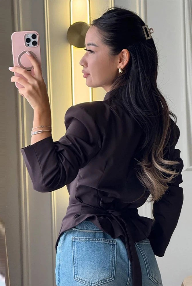 SOERA Tricia Structured Shoulder Cinched Blazer - Jackets - 1005011660132024-;qf1772045930022570680 Brown S