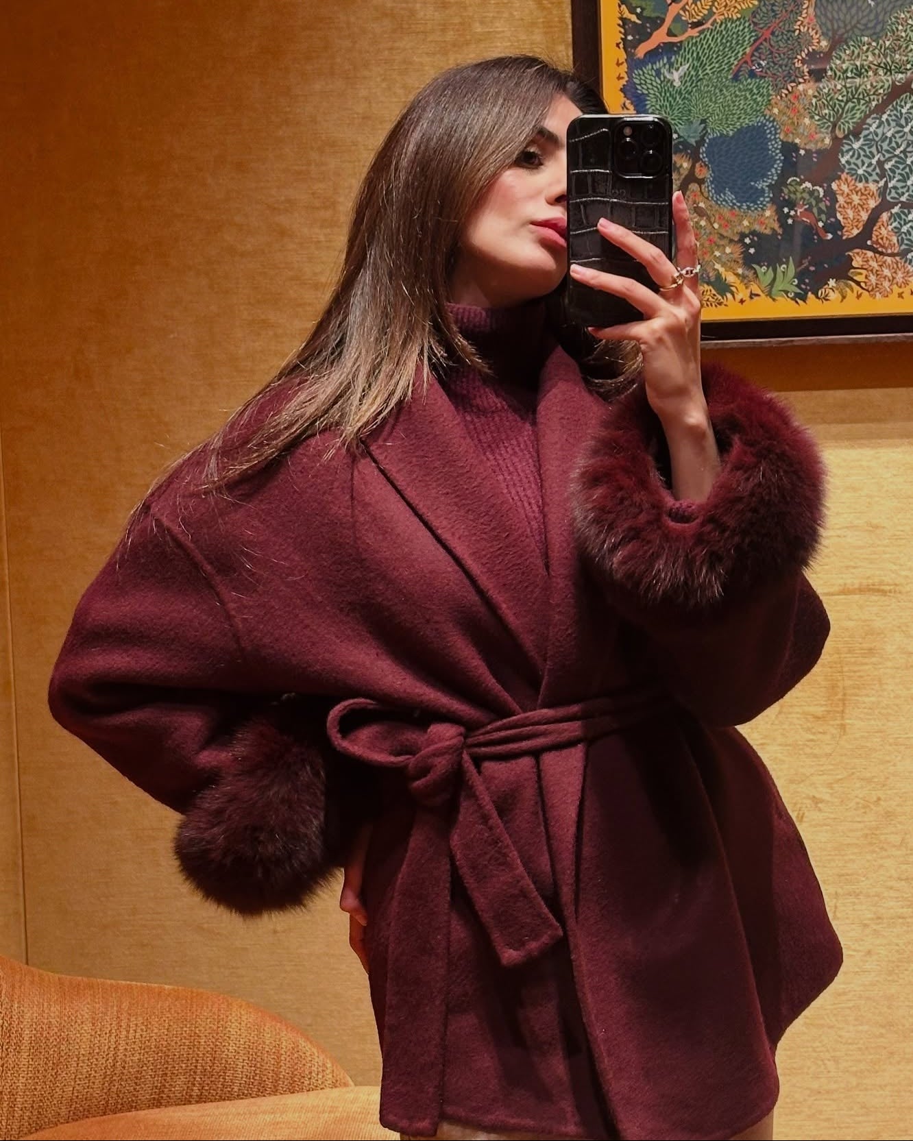 SOERA Wool Wrap Coat with Fox Fur Cuff - Jackets - 3256809512722732-;eL1766845283308867019 Short Burgundy M