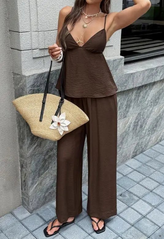 SOERA Odette Deep V-Neck Cami Wide Leg Pants Set - Jumpsuits & Rompers - Brown S