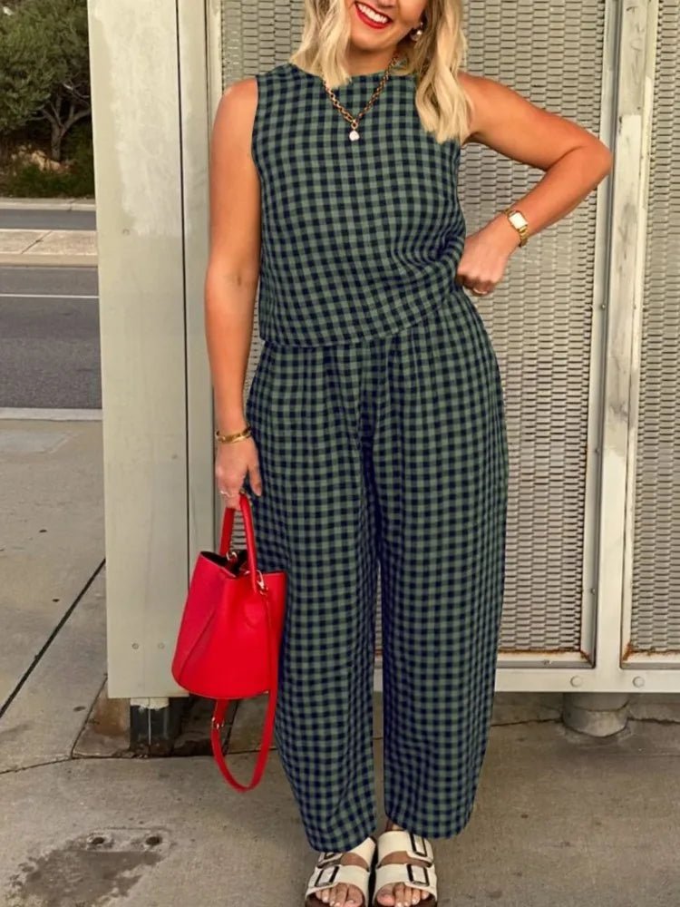 SOERA Zara Plaid Sleeveless Vest Nine Point Pants Set - Jumpsuits & Rompers - Blue S
