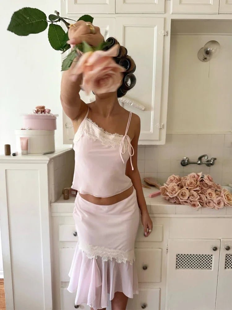 SOERA Celeste Lace-Paneled Camisole and Skirt Set - Matching Sets - Pink XS