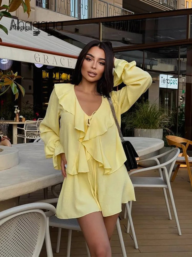 SOERA Cordelia V - Neck Ruffle Two - Piece Set - Matching Sets - Yellow S