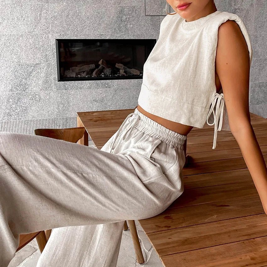 SOERA Delfina Linen Crop Top Two Piece Set - Matching Sets - Beige S