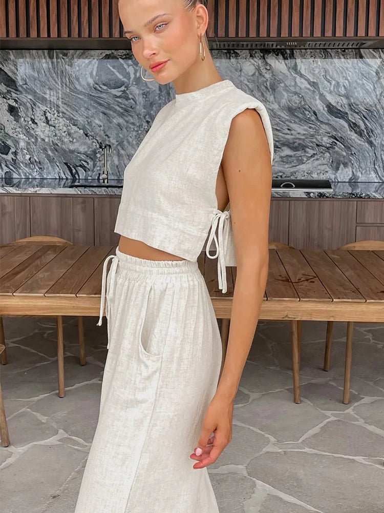 SOERA Delfina Linen Crop Top Two Piece Set - Matching Sets - Beige S